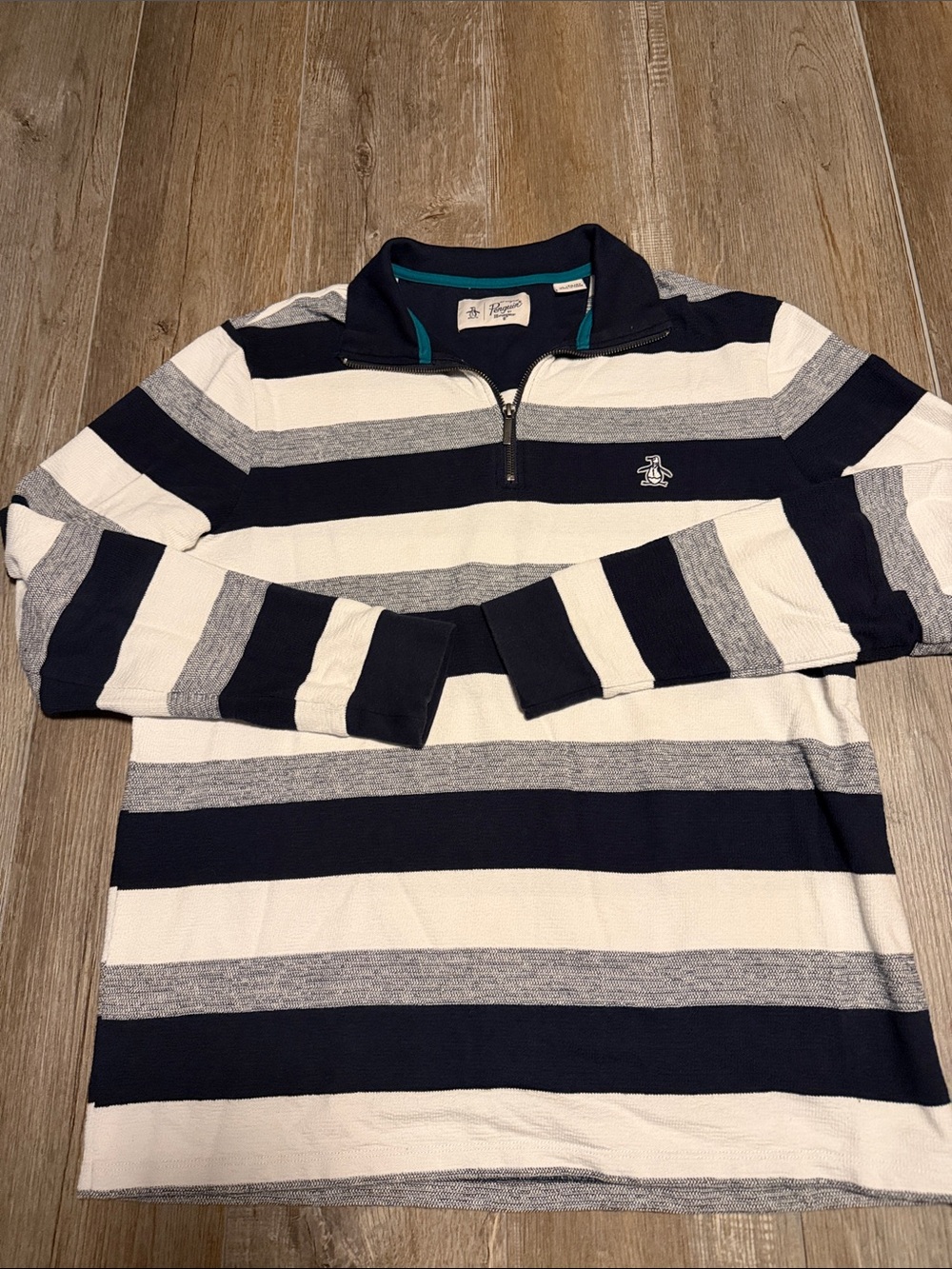 Original Penguin Navy, White & Gray Striped Quarter-Zip Pullover